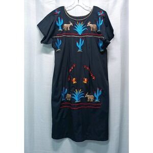 Handmade Mexican Puebla Dress Multicolor Embroidered Women's L/XL Cactus Donkey
